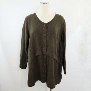 Flax Linen Shirt Dark Olive Green Tunic Top Long Sleeve Button Down Medium